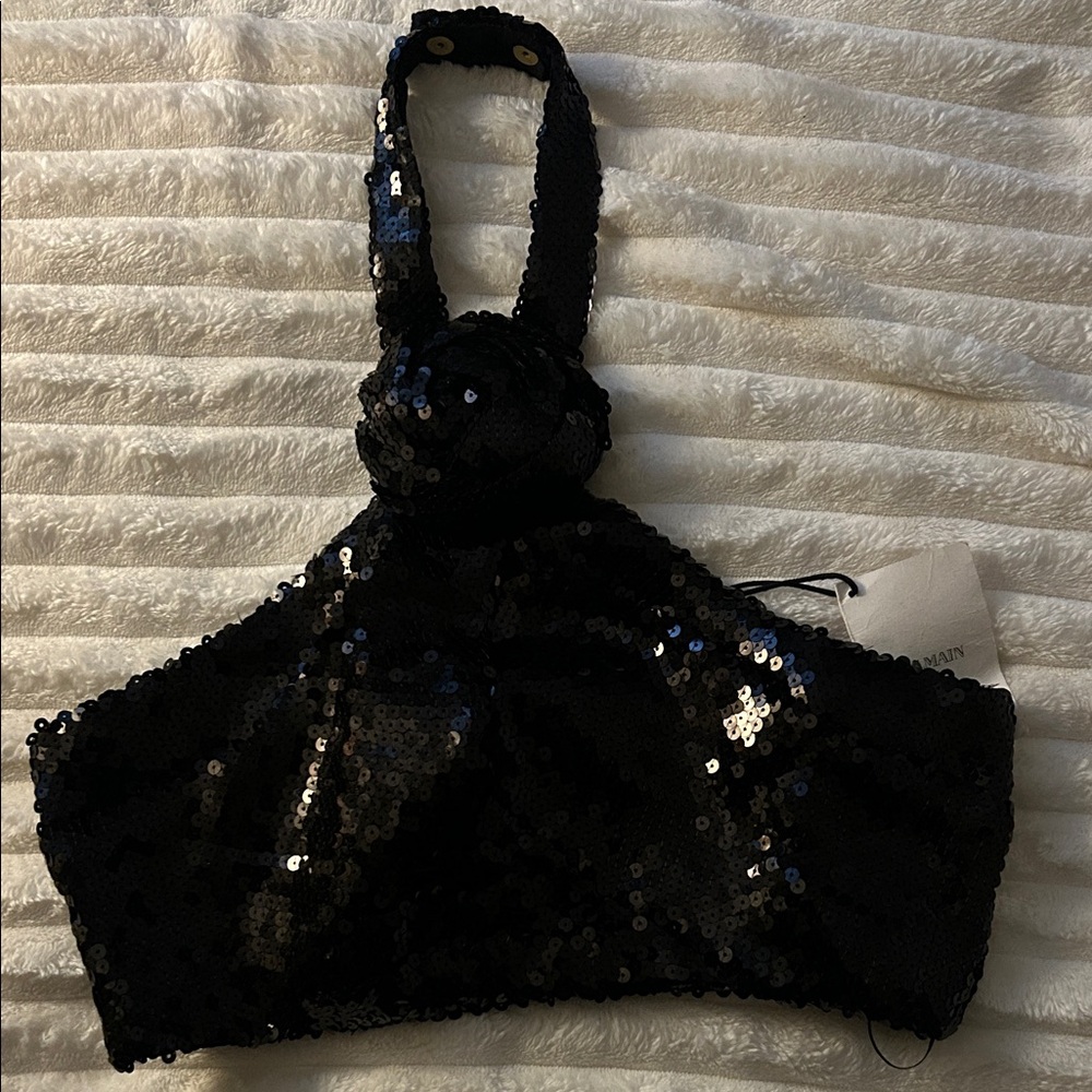 Balmain Black Sequin Crop Top